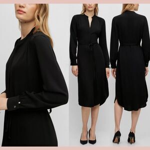 NWD $645‎ BOSS [ 6 ] Button Down Collarless V Neckline Belted Dress Black